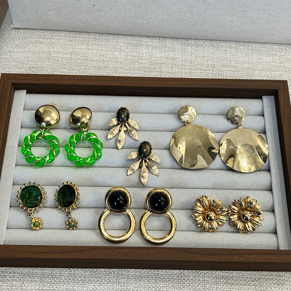 Statement Earring Lot Gold Tone Neon Green Tiger Eye Floral 6 Pairs Vintage